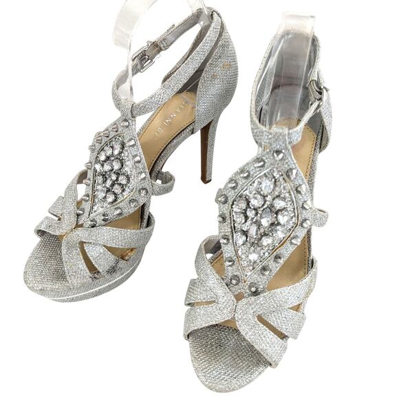 GIANNI BINI! SILVER TEXTURED LAME PLATFORM STILETTO SANDALS, HEELS! SZ 8M - Picture 1 of 7